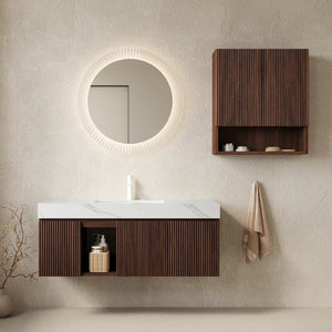 English Elm Eiden Floating Bathroom Vanity Combo Walnut Fluted Cabinet Sintered Stone Top W2615S00980