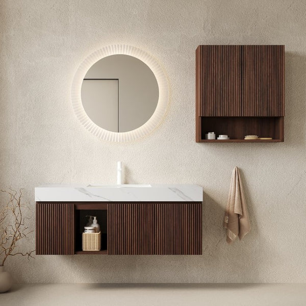 English Elm Eiden Floating Bathroom Vanity Combo Walnut Fluted Cabinet Sintered Stone Top W2615S00980