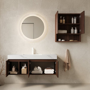 English Elm Eiden Floating Bathroom Vanity Combo Walnut Fluted Cabinet Sintered Stone Top W2615S00980