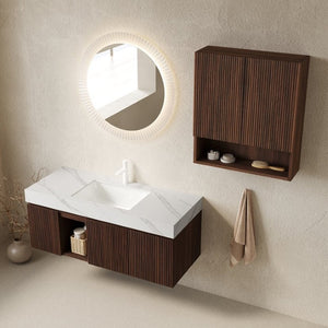 English Elm Eiden Floating Bathroom Vanity Combo Walnut Fluted Cabinet Sintered Stone Top W2615S00980