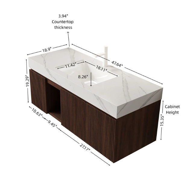 English Elm Eiden Floating Bathroom Vanity Combo Walnut Fluted Cabinet Sintered Stone Top W2615S00980