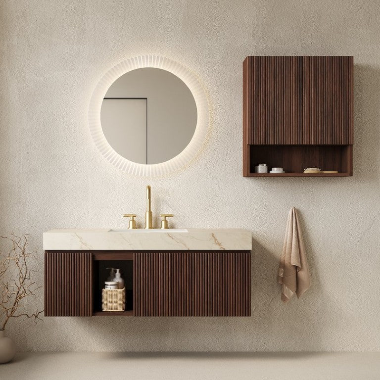 English Elm Eiden Floating Bathroom Vanity Combo Walnut Woodgrain Fluted Doors Sintered Stone Top W2615S00982