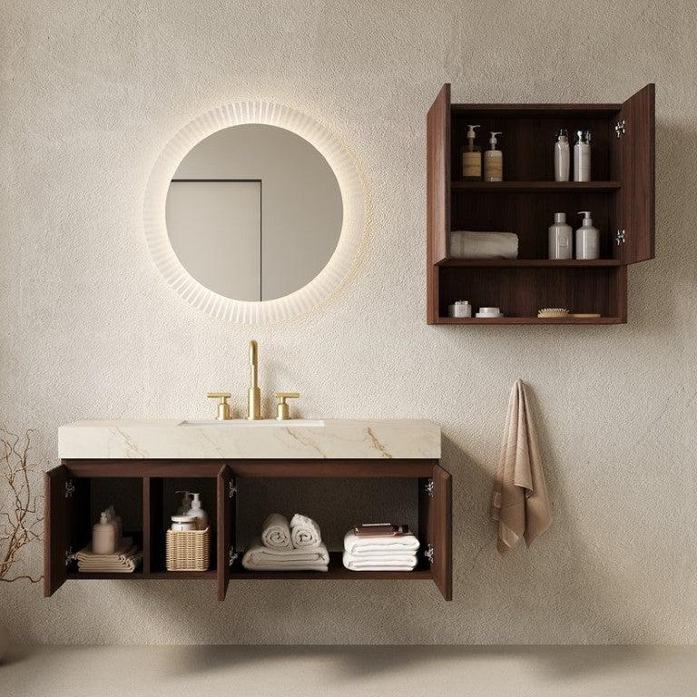 English Elm Eiden Floating Bathroom Vanity Combo Walnut Woodgrain Fluted Doors Sintered Stone Top W2615S00982