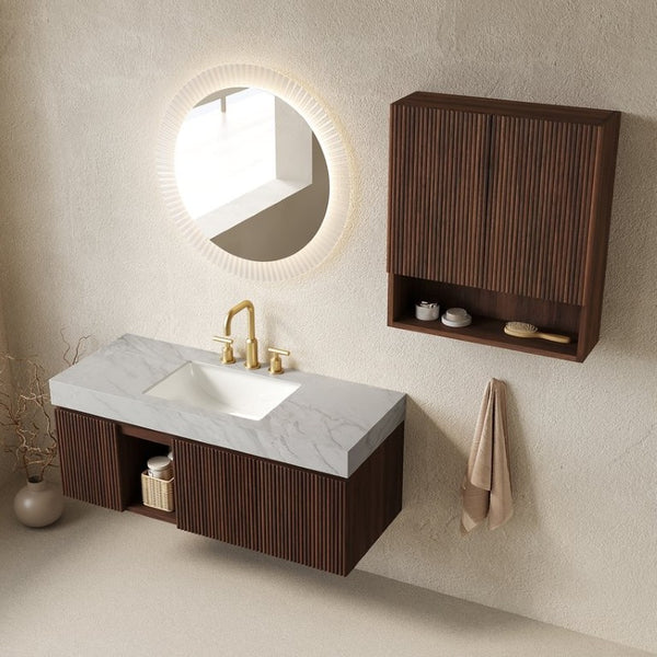 English Elm Eiden Spa Style Floating Bathroom Vanity Combo with Sintered Stone and Fluted Doors 48 inches Carrara Grey Walnut W2615S00984