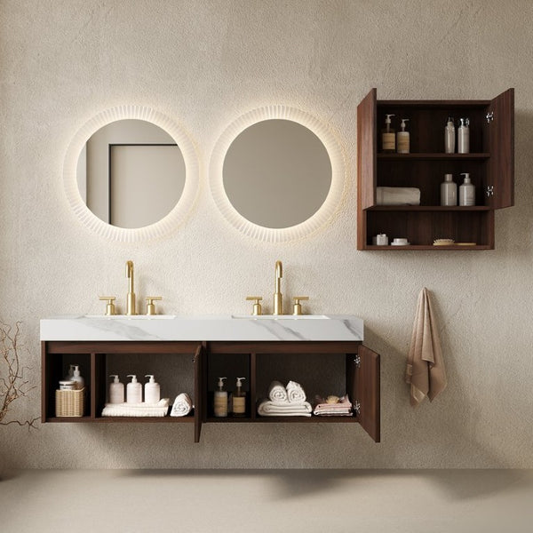 English Elm Eiden Spa Style Floating Bathroom Vanity Combo with Sintered Stone and Fluted Doors 60 inches Carrara White Walnut W2615S00985