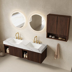 English Elm Eiden Spa Style Floating Bathroom Vanity Combo with Sintered Stone and Fluted Doors 60 inches Carrara White Walnut W2615S00985