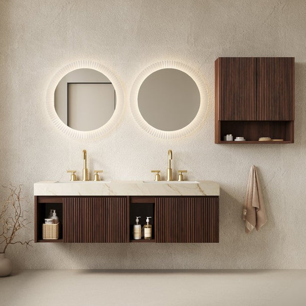 English Elm Eiden Spa Style Floating Bathroom Vanity Combo with Sintered Stone and Fluted Doors 60 inches Cream Gold Walnut W2615S00986
