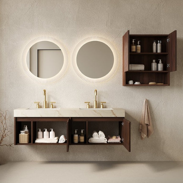 English Elm Eiden Spa Style Floating Bathroom Vanity Combo with Sintered Stone and Fluted Doors 60 inches Cream Gold Walnut W2615S00986