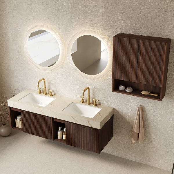 English Elm Eiden Spa Style Floating Bathroom Vanity Combo with Sintered Stone and Fluted Doors 60 inches Cream Gold Walnut W2615S00986