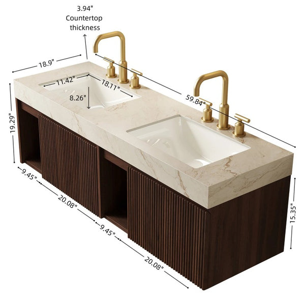 English Elm Eiden Spa Style Floating Bathroom Vanity Combo with Sintered Stone and Fluted Doors 60 inches Cream Gold Walnut W2615S00986