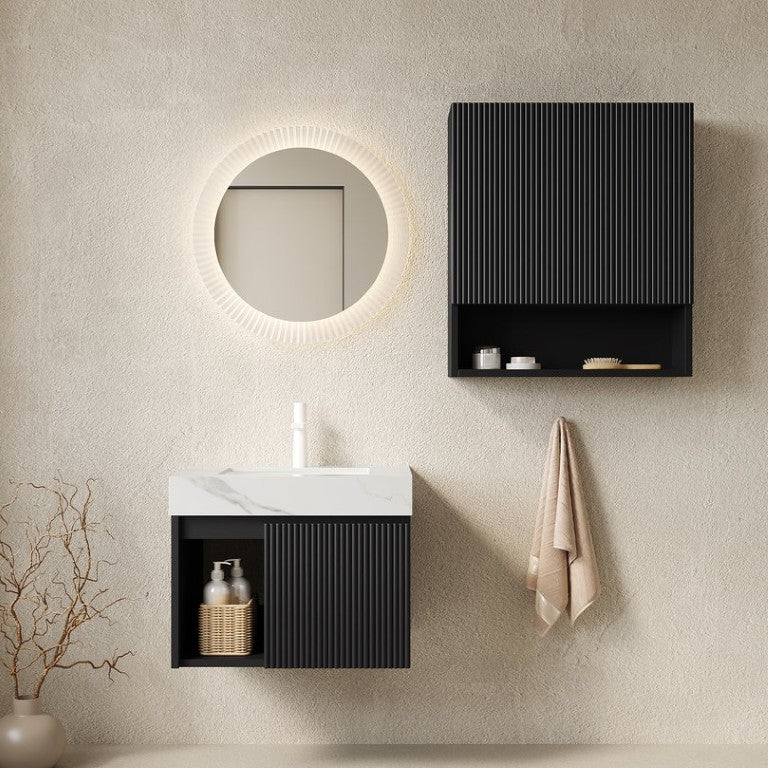 English Elm Eiden Fluted Matte Black Wall Mounted Vanity Set with Sintered Stone and Ceramic Basin W2615S00988