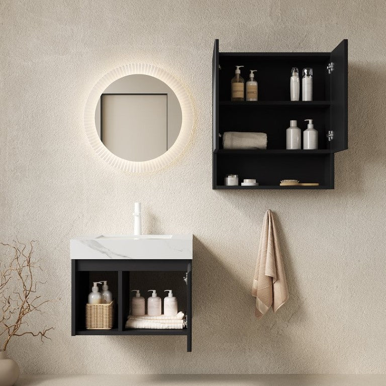 English Elm Eiden Fluted Matte Black Wall Mounted Vanity Set with Sintered Stone and Ceramic Basin W2615S00988