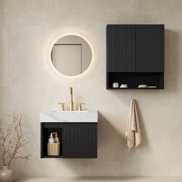 English Elm Eiden Fluted Matte Black Floating Vanity Set with Sintered Stone Top and Ceramic Basin W2615S00989