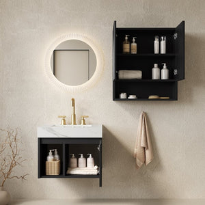 English Elm Eiden Fluted Matte Black Floating Vanity Set with Sintered Stone Top and Ceramic Basin W2615S00989