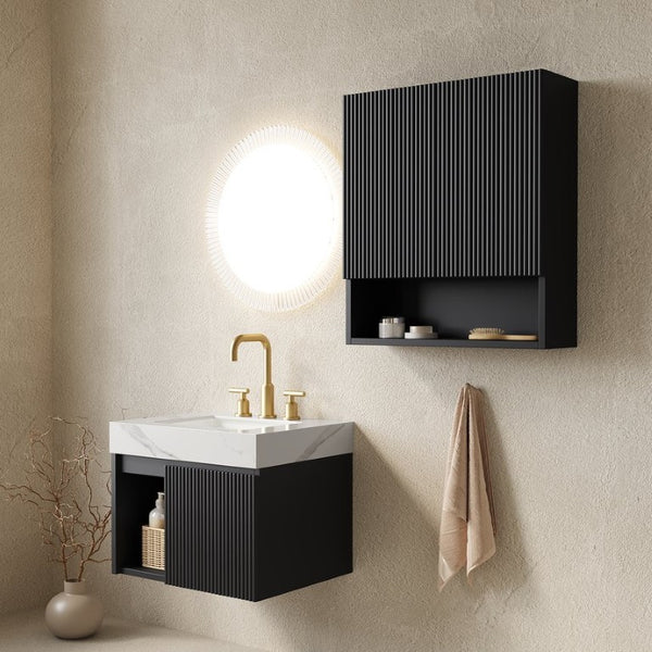 English Elm Eiden Fluted Matte Black Floating Vanity Set with Sintered Stone Top and Ceramic Basin W2615S00989