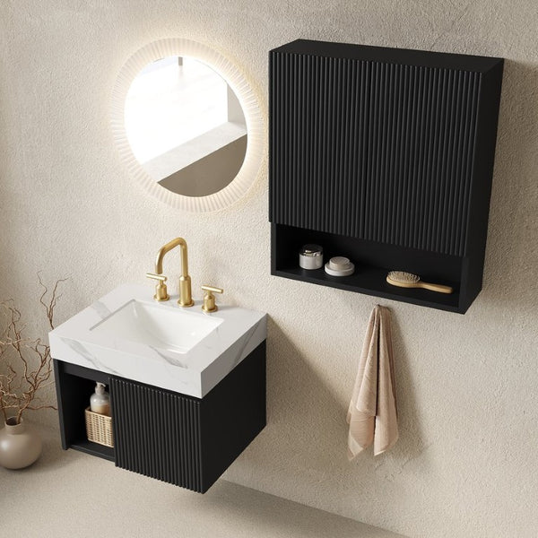 English Elm Eiden Fluted Matte Black Floating Vanity Set with Sintered Stone Top and Ceramic Basin W2615S00989
