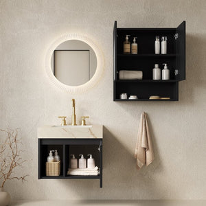 English Elm Eiden Floating Bathroom Vanity Set Fluted Front Sintered Stone Top Matte Black Spa Style W2615S00991