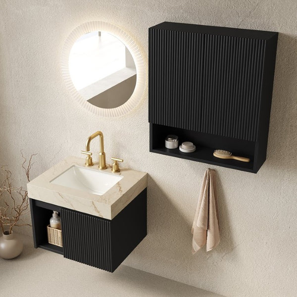 English Elm Eiden Floating Bathroom Vanity Set Fluted Front Sintered Stone Top Matte Black Spa Style W2615S00991