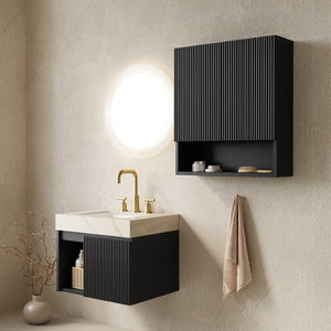 English Elm Eiden Floating Bathroom Vanity Set Fluted Front Sintered Stone Top Matte Black Spa Style W2615S00991