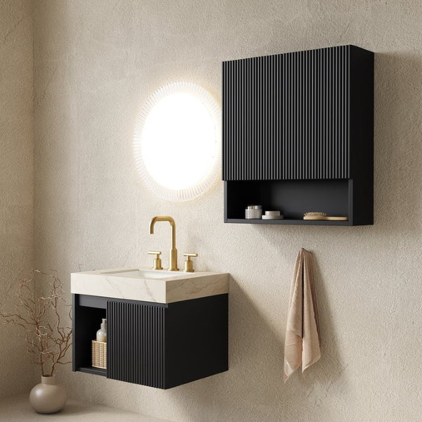 English Elm Eiden Floating Bathroom Vanity Set Fluted Front Sintered Stone Top Matte Black Spa Style W2615S00991