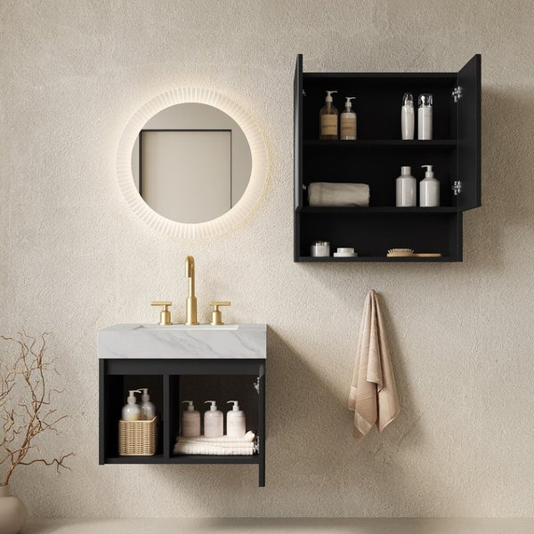 English Elm Eiden Floating Bathroom Vanity Set with Sintered Stone Top and Fluted Cabinet Doors W2615S00993