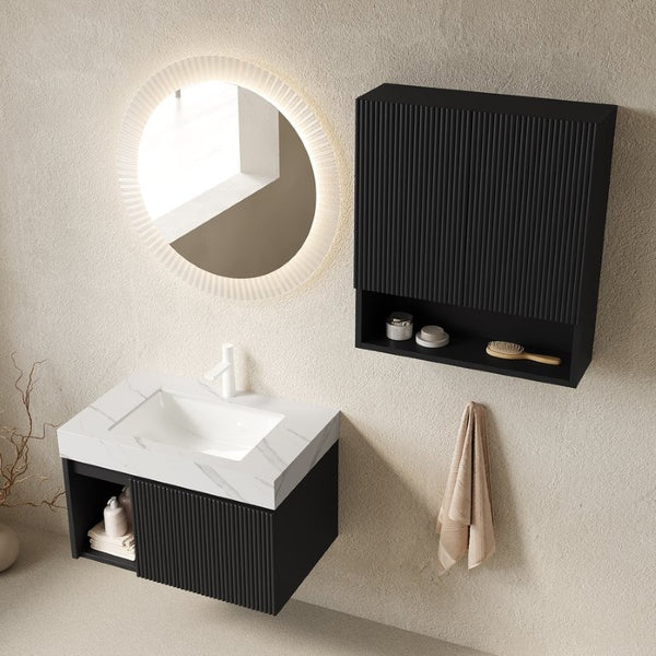 English Elm Eiden Floating Bathroom Vanity Set with Sintered Stone Top and Fluted Matte Black Cabinet W2615S00994