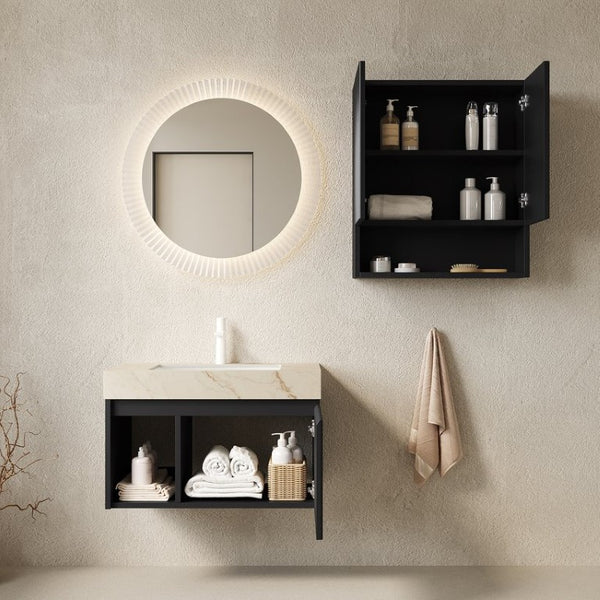 English Elm Eiden Floating Bathroom Vanity Combo with Sintered Stone Top and Fluted Cabinet Doors W2615S00996