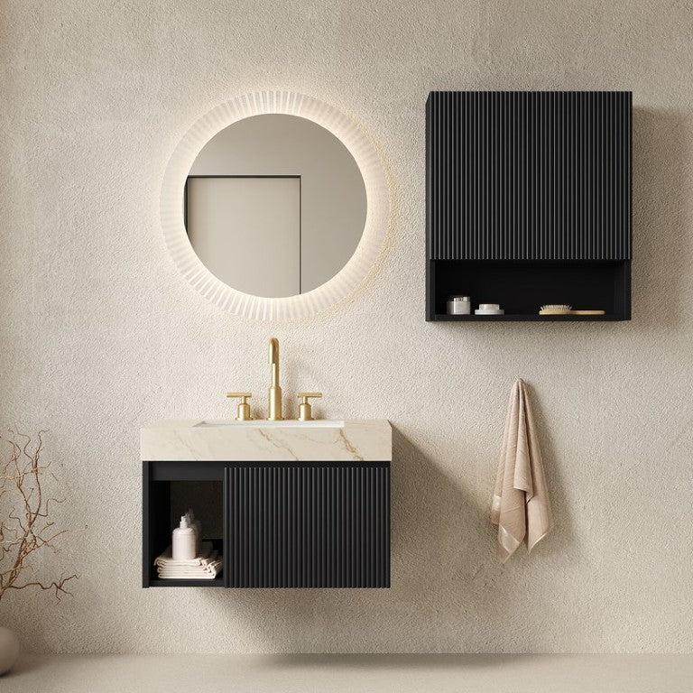 English Elm Eiden Floating Bathroom Vanity Combo Sintered Stone Top Fluted Matte Black Cabinet Set W2615S00997