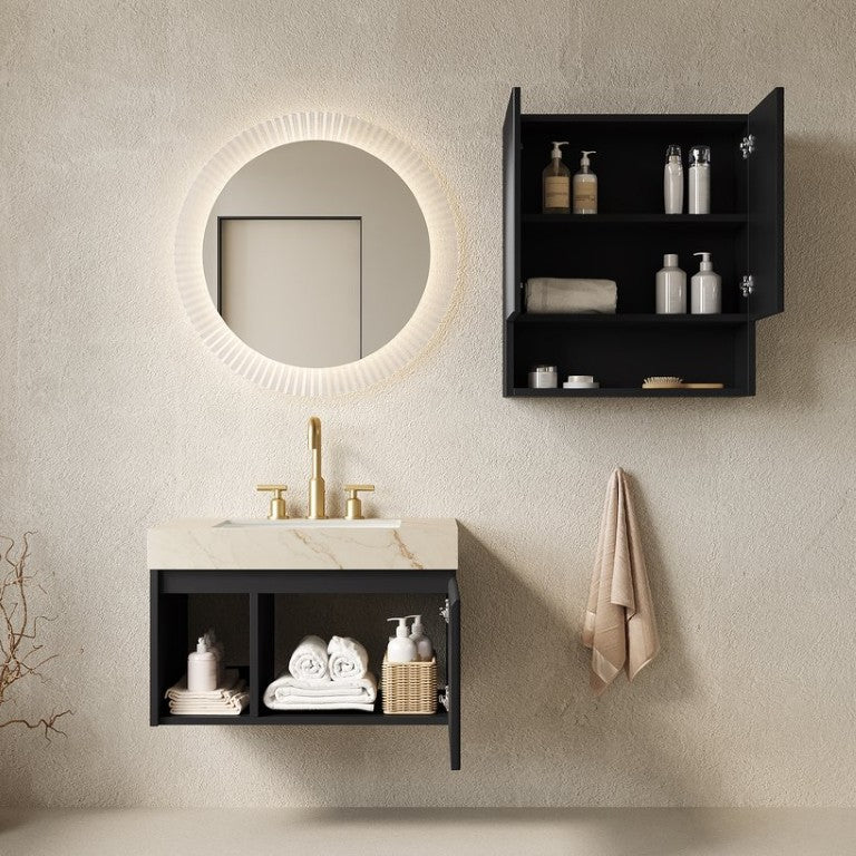 English Elm Eiden Floating Bathroom Vanity Combo Sintered Stone Top Fluted Matte Black Cabinet Set W2615S00997