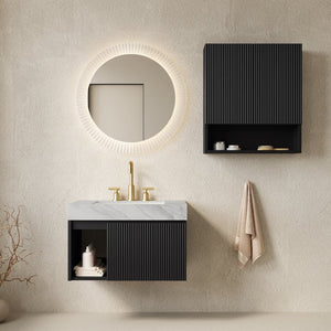 English Elm Eiden Floating Bathroom Vanity Set Matte Black Fluted MDF Sintered Stone Top W2615S00999