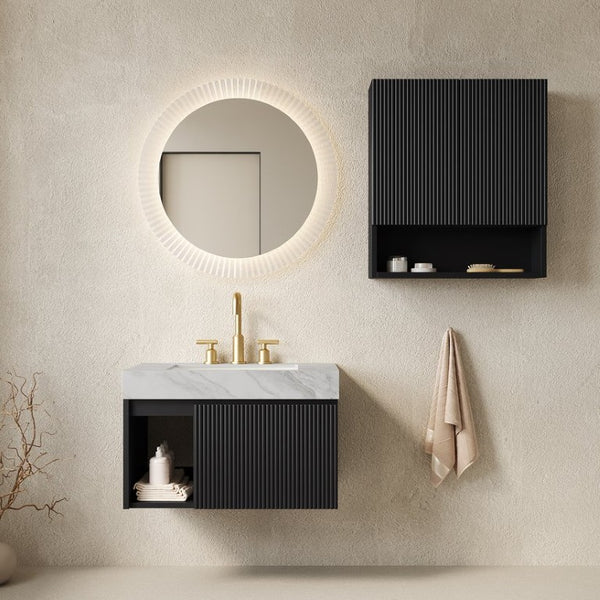 English Elm Eiden Floating Bathroom Vanity Set Matte Black Fluted MDF Sintered Stone Top W2615S00999