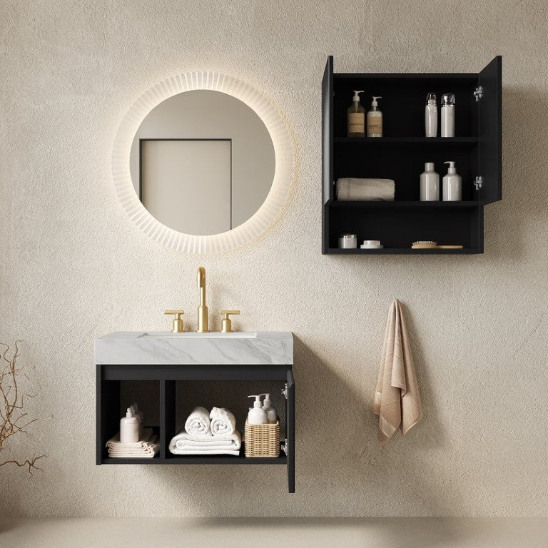English Elm Eiden Floating Bathroom Vanity Set Matte Black Fluted MDF Sintered Stone Top W2615S00999