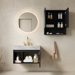 English Elm Eiden Floating Bathroom Vanity Set Matte Black Fluted MDF Sintered Stone Top W2615S00999