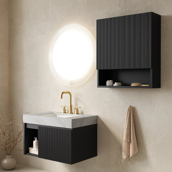 English Elm Eiden Floating Bathroom Vanity Set Matte Black Fluted MDF Sintered Stone Top W2615S00999