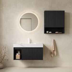 English Elm Eiden Floating Wall Mounted Bathroom Vanity Combo with Sintered Stone Top and Fluted Doors W2615S01000