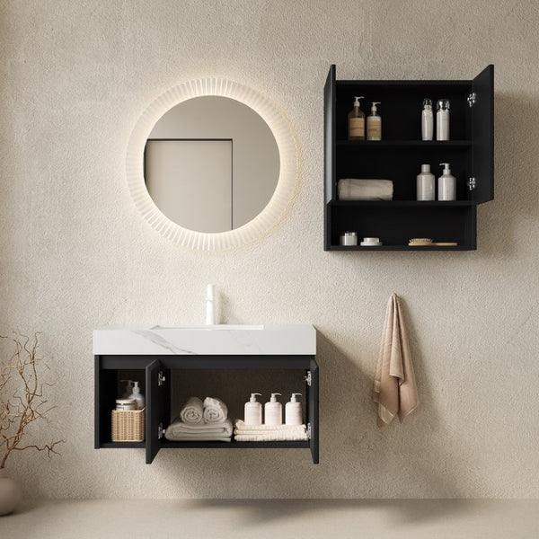 English Elm Eiden Floating Wall Mounted Bathroom Vanity Combo with Sintered Stone Top and Fluted Doors W2615S01000