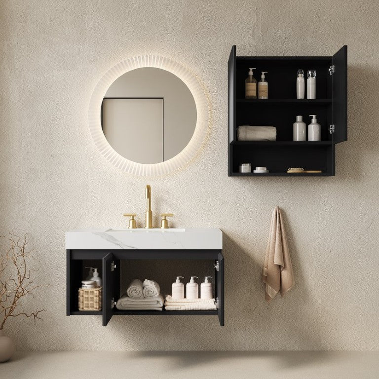 English Elm Eiden Floating Wall Mounted Bathroom Vanity Combo with Sintered Stone Top Fluted Matte Black W2615S01001