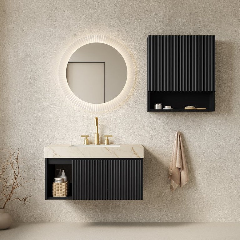 English Elm Eiden Matte Black Floating Vanity Combo with Stone Top and Fluted Door Panels W2615S01003