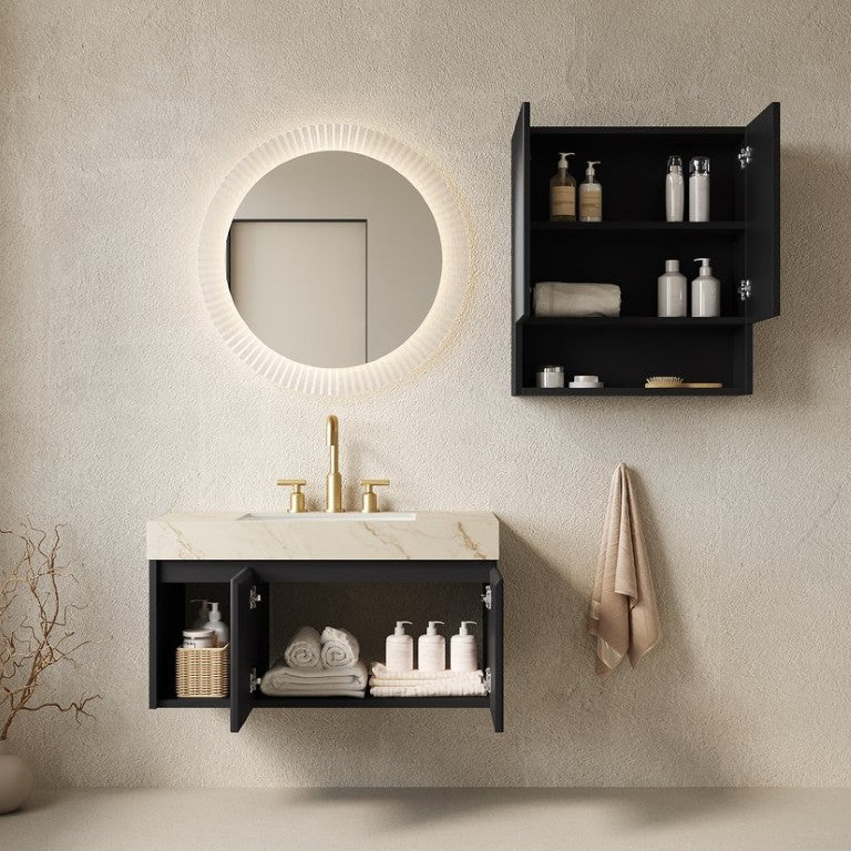 English Elm Eiden Matte Black Floating Vanity Combo with Stone Top and Fluted Door Panels W2615S01003