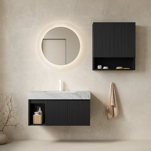English Elm Eiden Floating Wall Vanity Combo with Sintered Stone Top and Fluted Matte Cabinet W2615S01004