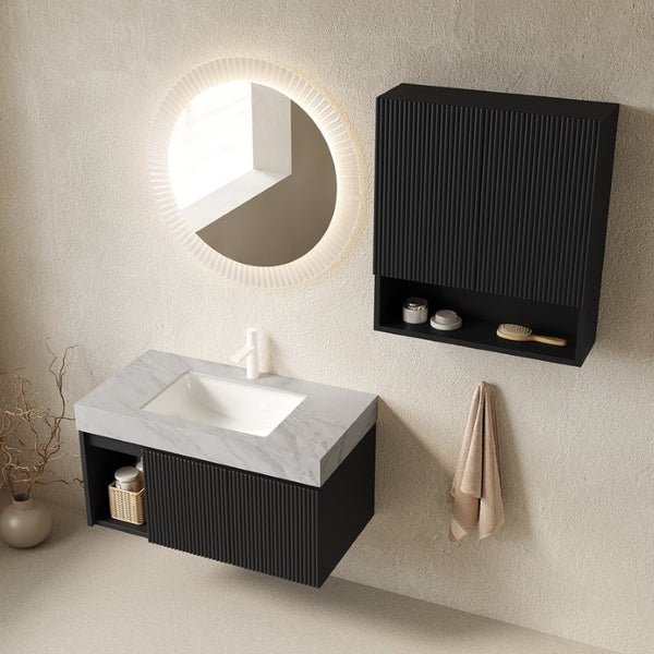 English Elm Eiden Floating Wall Vanity Combo with Sintered Stone Top and Fluted Matte Cabinet W2615S01004