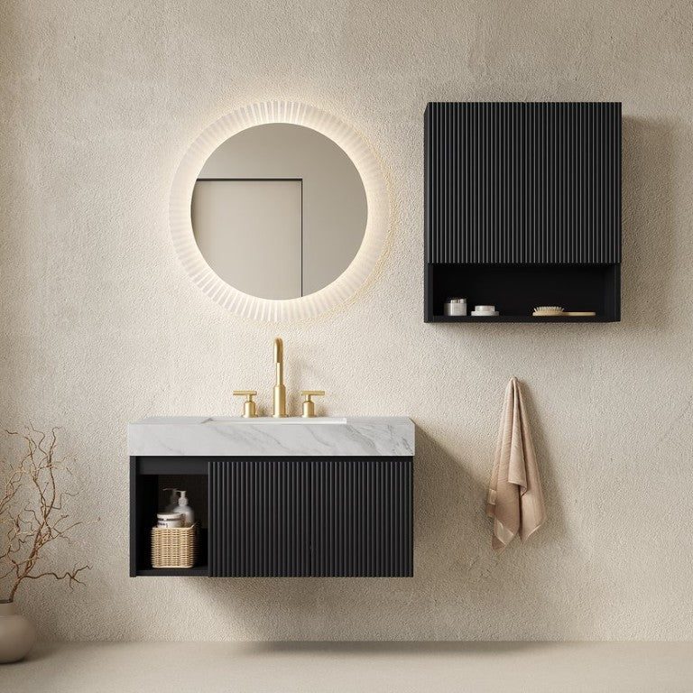 English Elm Eiden Matte Black Floating Bathroom Vanity Set with Carrara Sintered Stone and Fluted Panels W2615S01005