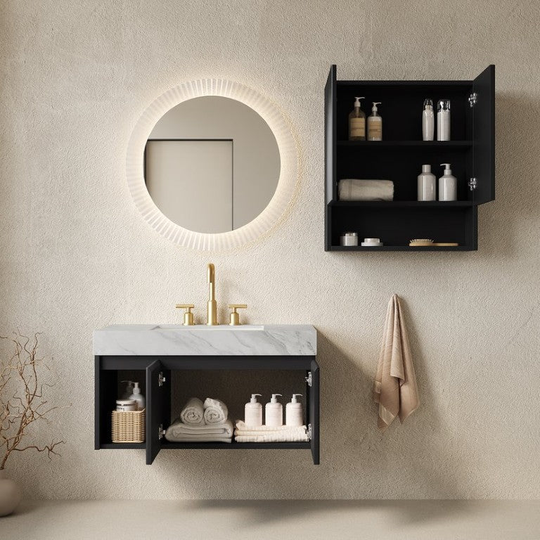 English Elm Eiden Matte Black Floating Bathroom Vanity Set with Carrara Sintered Stone and Fluted Panels W2615S01005