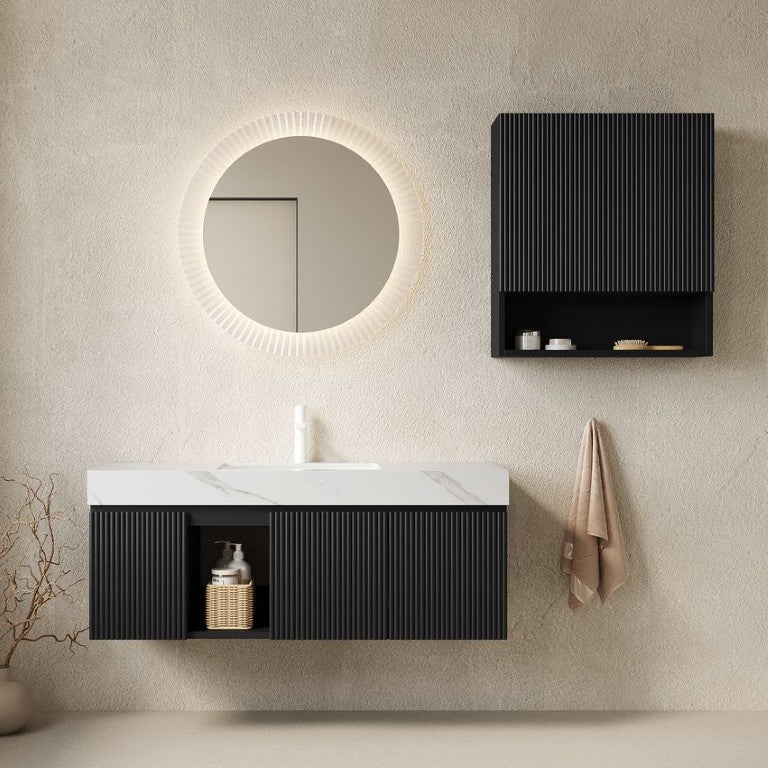 English Elm Eiden Wall Mounted Vanity Combo Carrara Stone Top Undermount Basin Fluted Doors W2615S01006