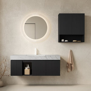 English Elm Eiden Spa Style Floating Bathroom Vanity Combo with Sintered Stone and Fluted Doors 48 inches Carrara Grey Black W2615S01010