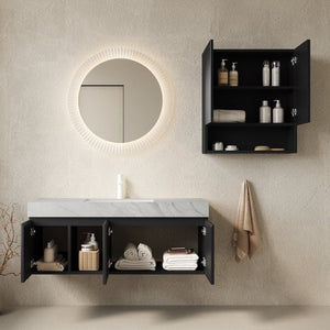English Elm Eiden Spa Style Floating Bathroom Vanity Combo with Sintered Stone and Fluted Doors 48 inches Carrara Grey Black W2615S01010