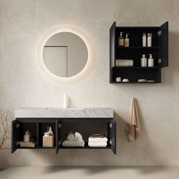 English Elm Eiden Spa Style Floating Bathroom Vanity Combo with Sintered Stone and Fluted Doors 48 inches Carrara Grey Black W2615S01010