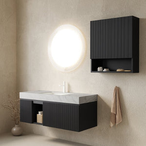 English Elm Eiden Spa Style Floating Bathroom Vanity Combo with Sintered Stone and Fluted Doors 48 inches Carrara Grey Black W2615S01010