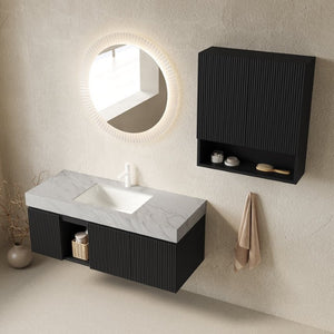 English Elm Eiden Spa Style Floating Bathroom Vanity Combo with Sintered Stone and Fluted Doors 48 inches Carrara Grey Black W2615S01010