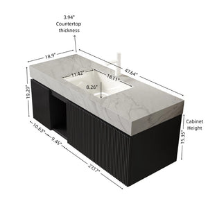 English Elm Eiden Spa Style Floating Bathroom Vanity Combo with Sintered Stone and Fluted Doors 48 inches Carrara Grey Black W2615S01010